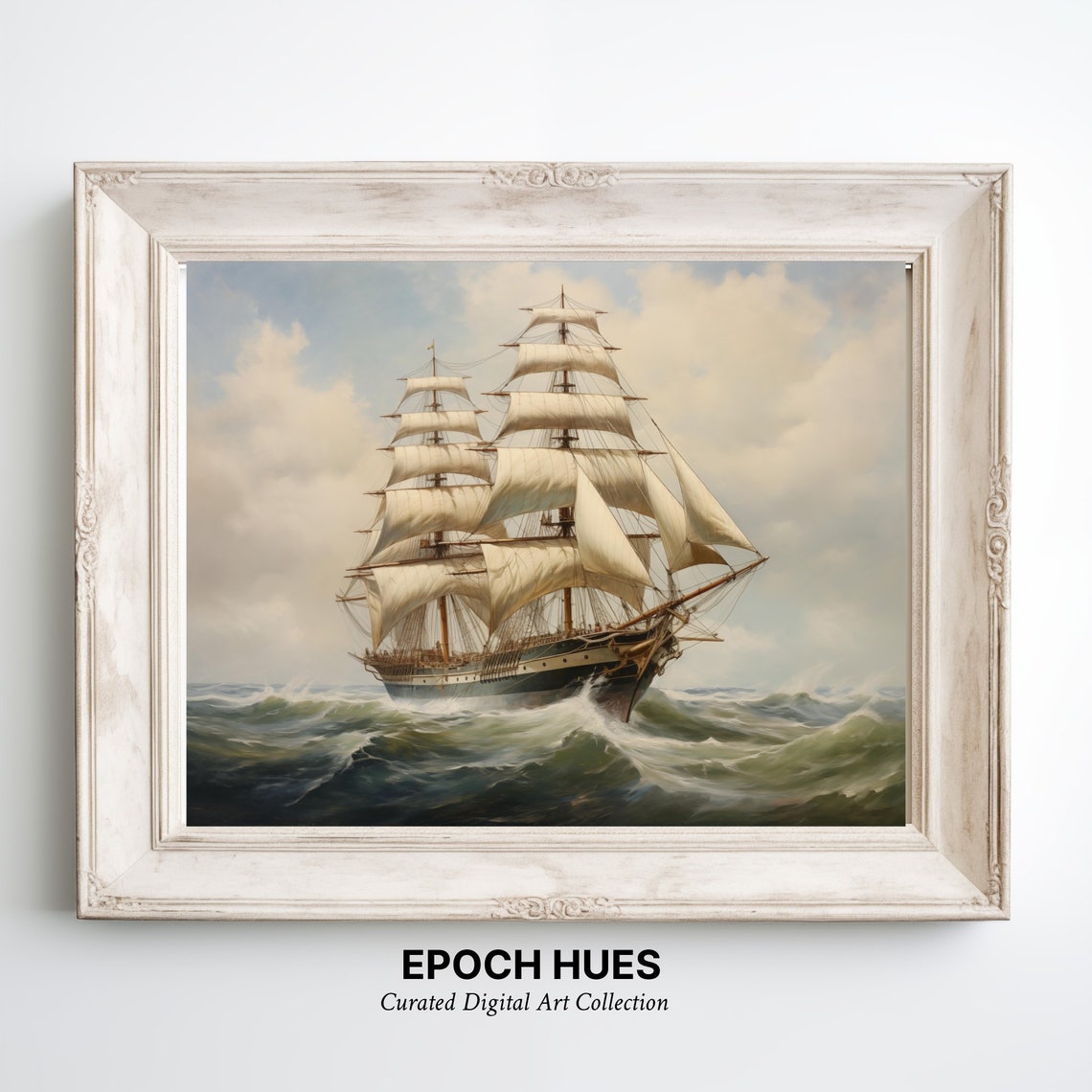 Tall Ship Full Sails Rough Seas Classic Maritime Painting Poster - Image 3