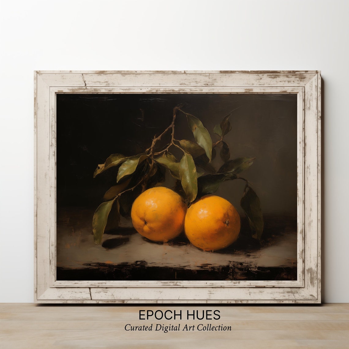 Two Ripe Oranges on Branch Moody Dark Kitchen Still Life Poster - Image 3