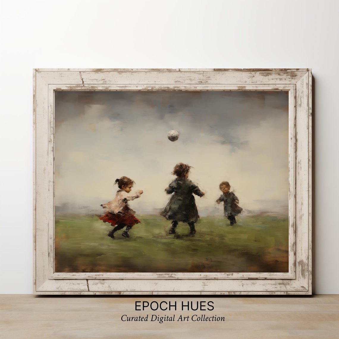 Three Children Playing Ball in Open Field Impressionist Poster