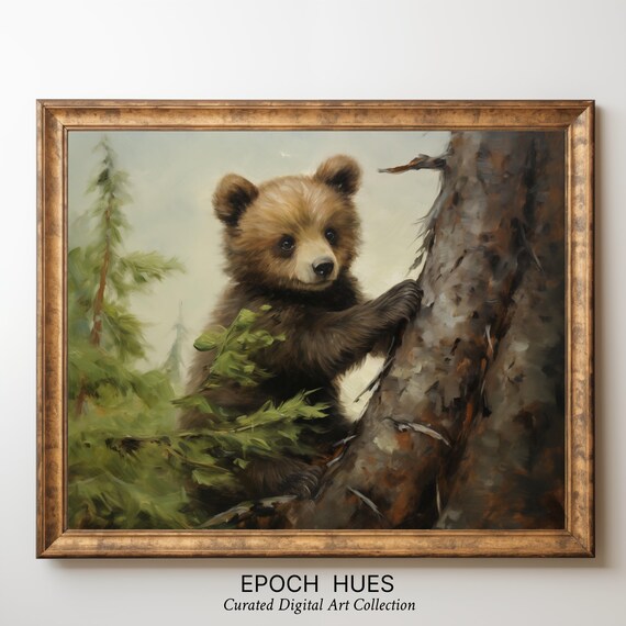 Adorable Baby Bear Cub Climbing a Tree in Green Forest Poster