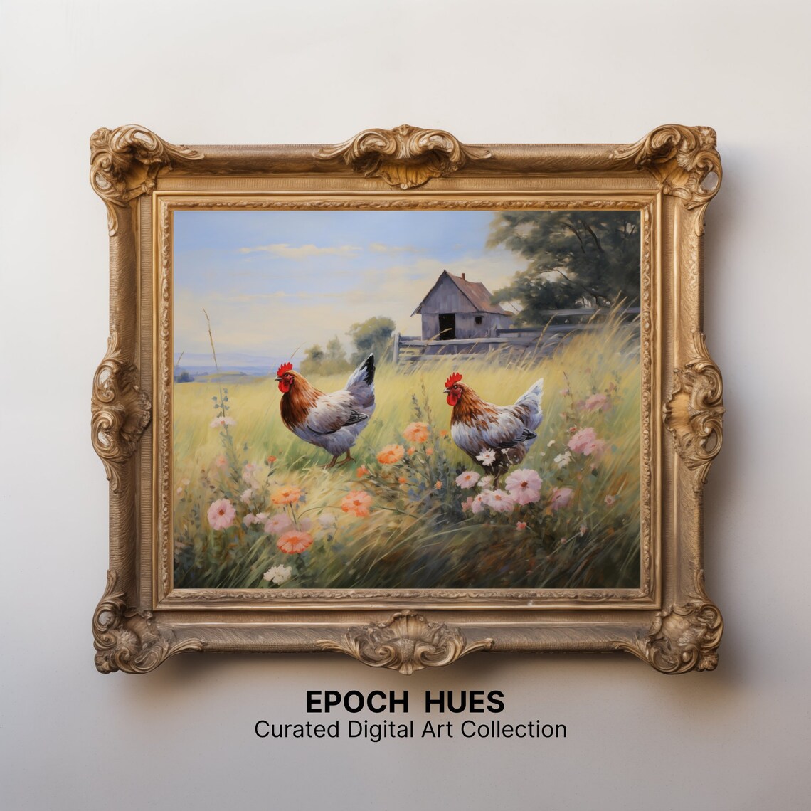 Two Roosters in Wildflower Meadow Barn Beyond Country Poster - Image 3