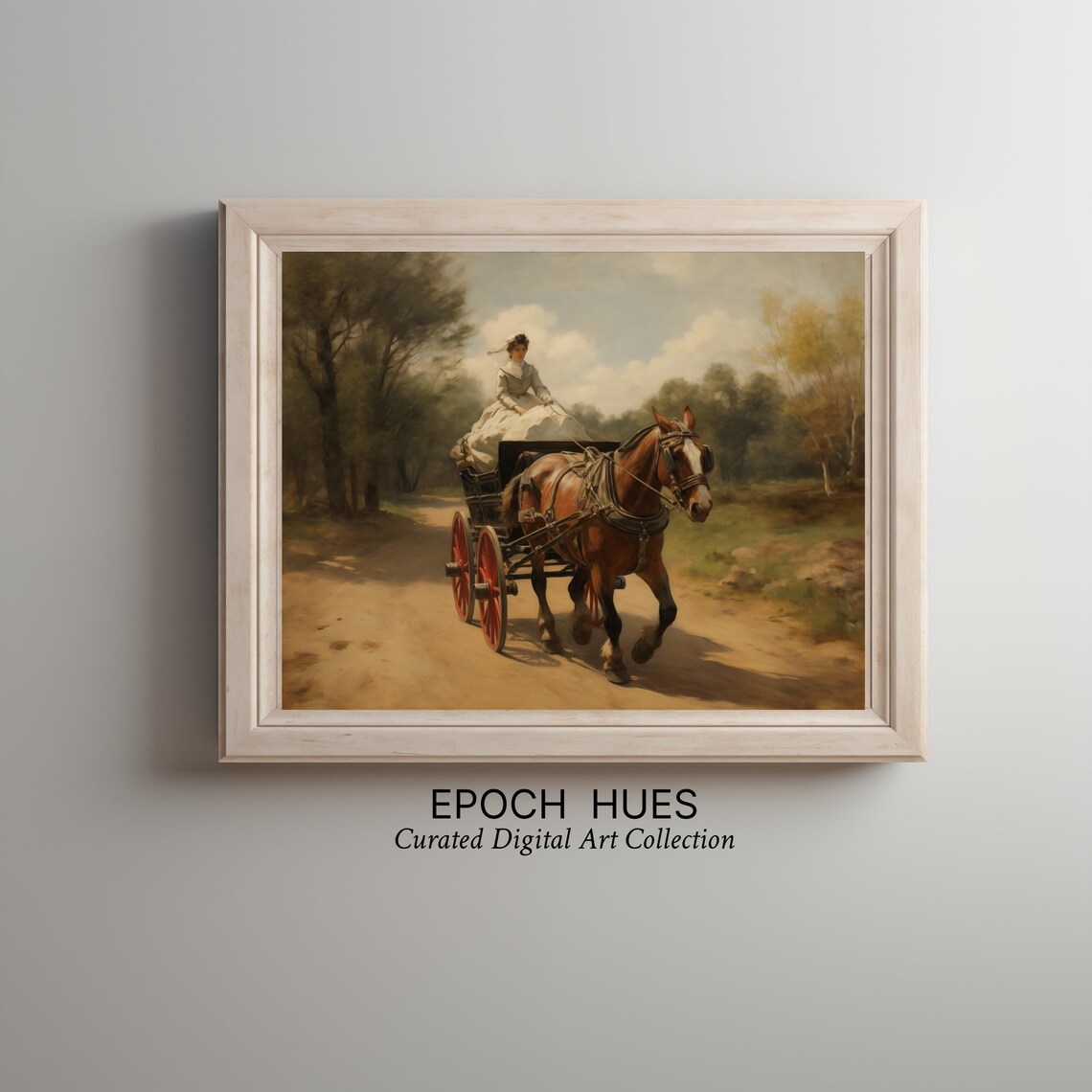 Woman Riding Horse Drawn Carriage on Country Road Vintage Poster