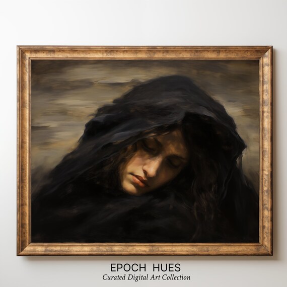 Mysterious Hooded Woman Dramatic Dark Portrait Painting Poster