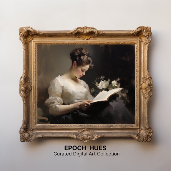 Woman Reading a Book Classical Oil Portrait Dark Room Poster