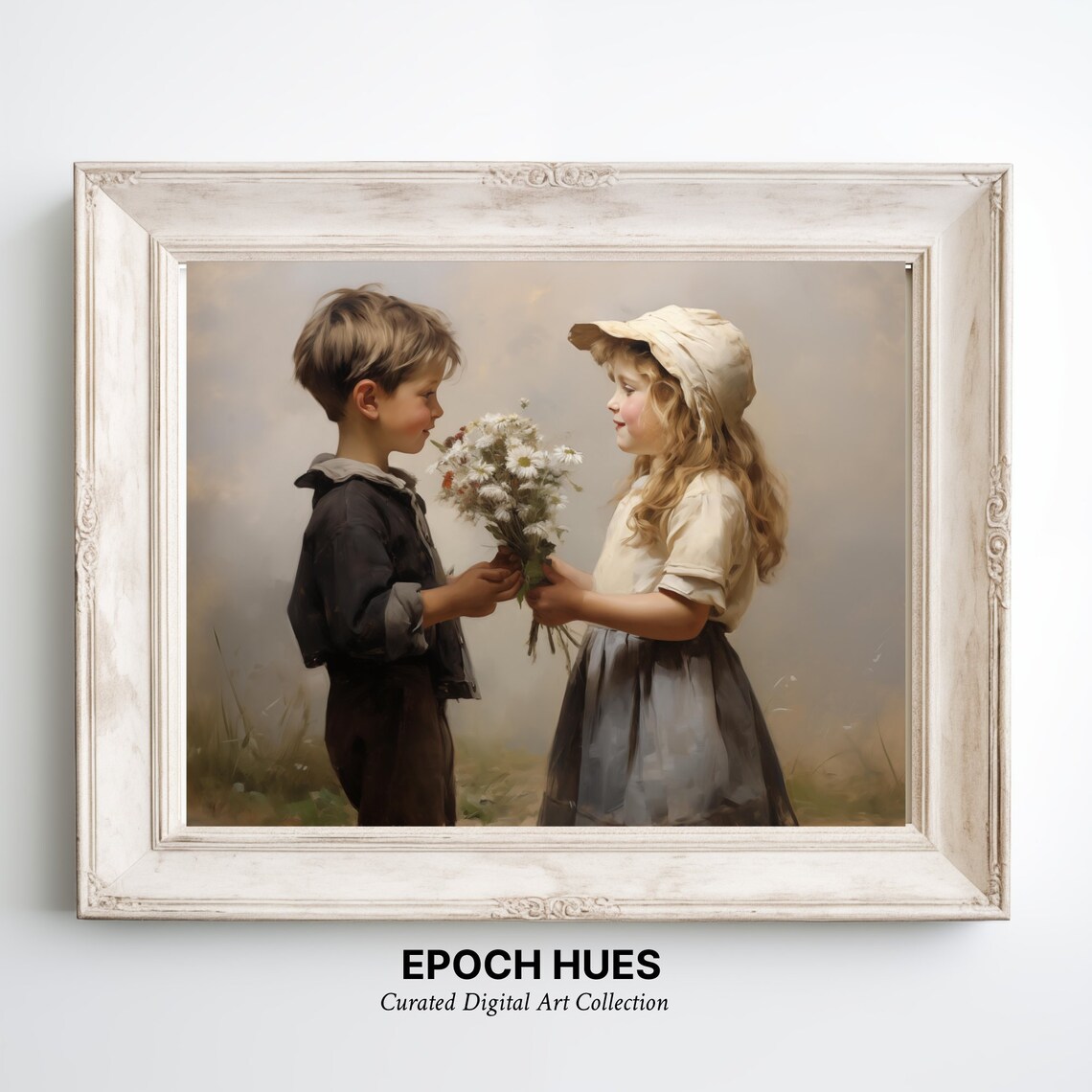 Boy Offering Girl Daisy Bouquet Vintage Children Painting Wall Art - Image 2