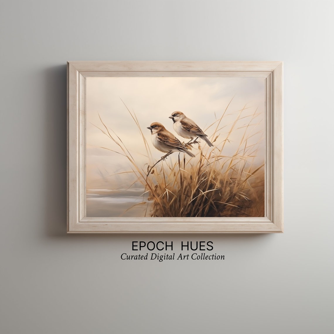 Two Sparrows On Golden Reeds Lakeside Wildlife Painting Wall Art