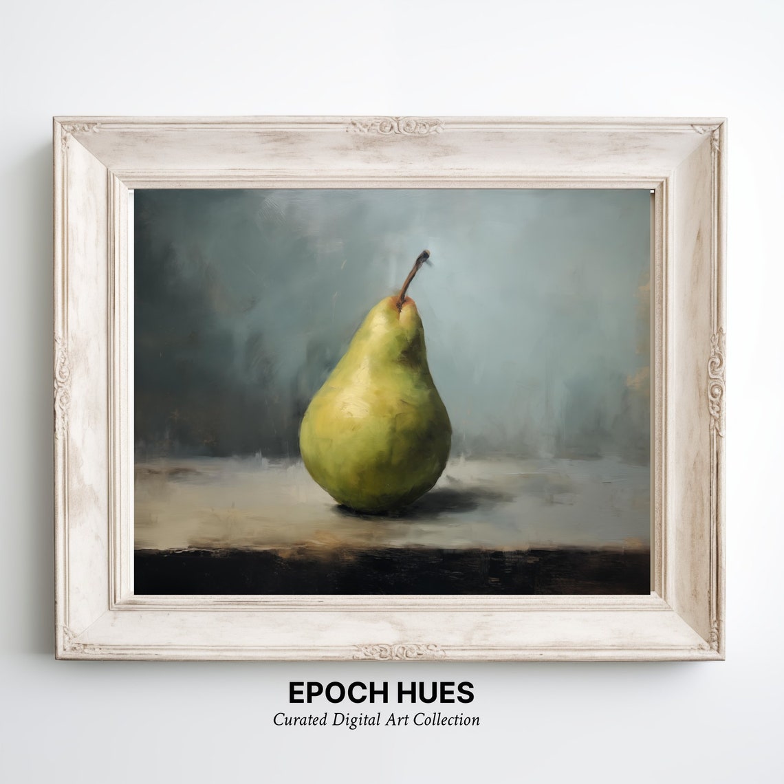Single Green Pear Still Life on Stone Ledge Classic Fruit Poster