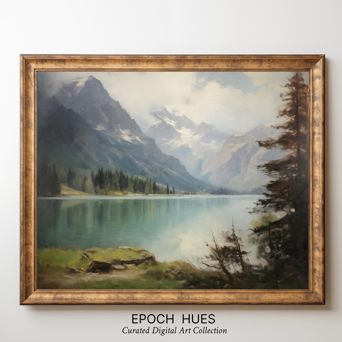 Majestic Mountain Lake Artwork Landscape Painting Rustic Home Decor Wall Art