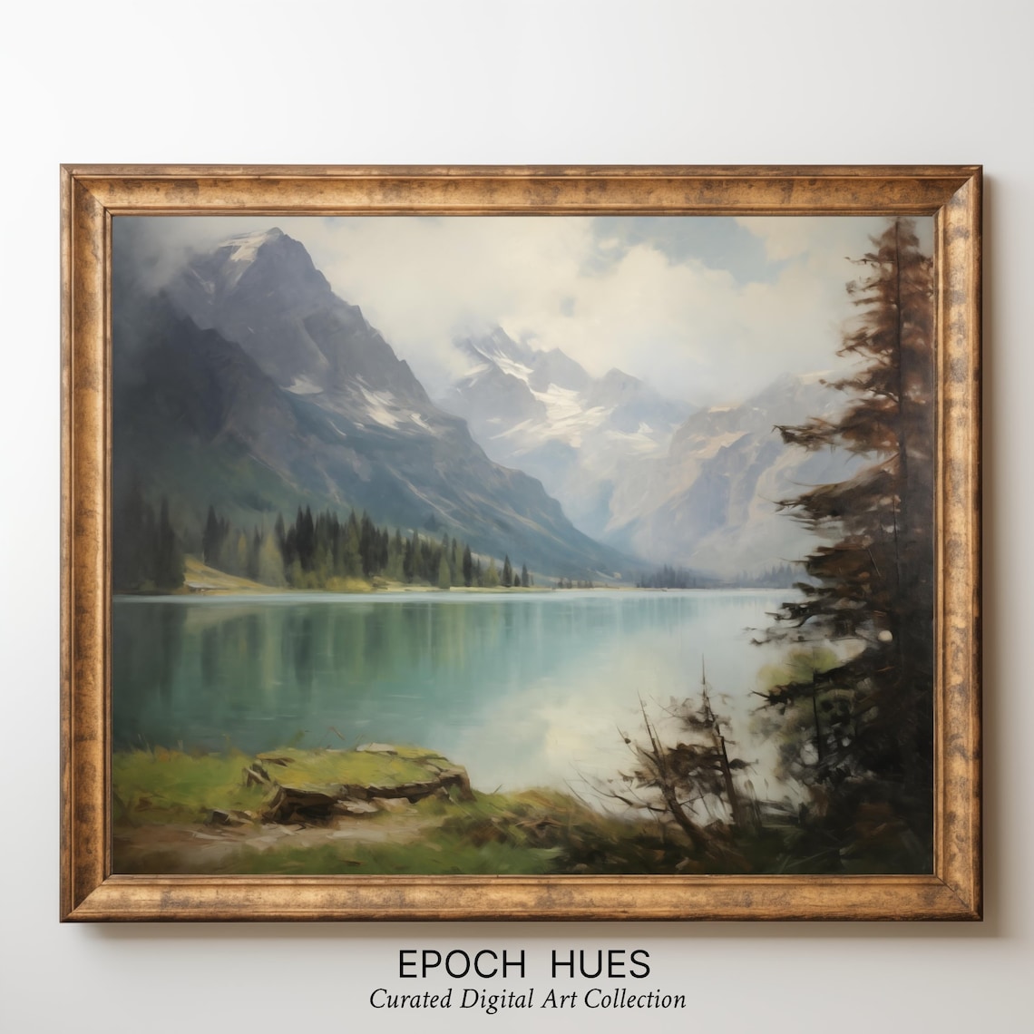 Serene Alpine Lake Landscape Snow Capped Peaks Painting Poster