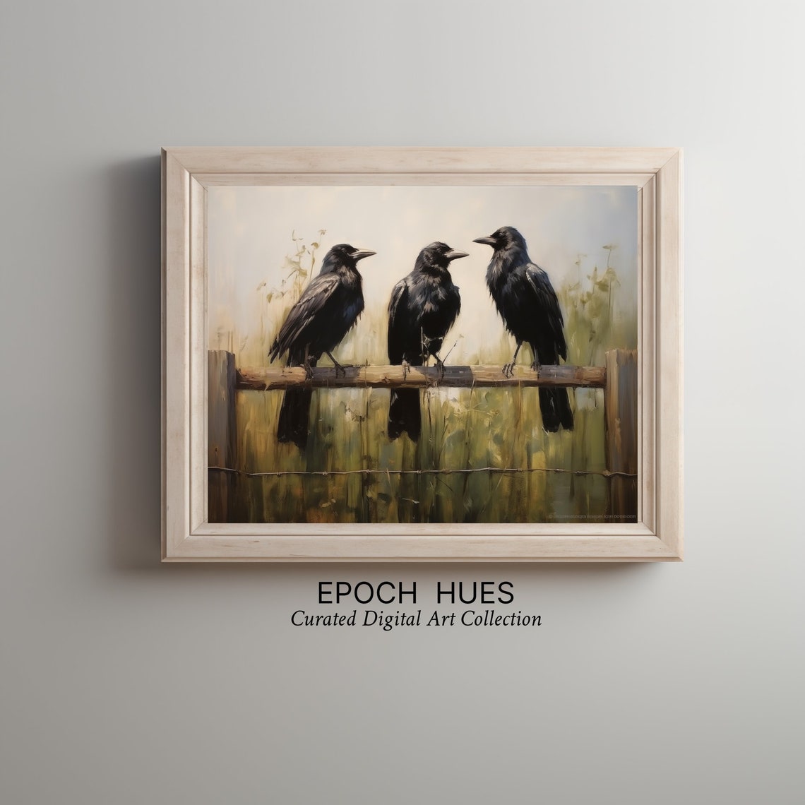 Three Crows Perched on Wooden Fence Rustic Wildlife Art Poster - Image 2