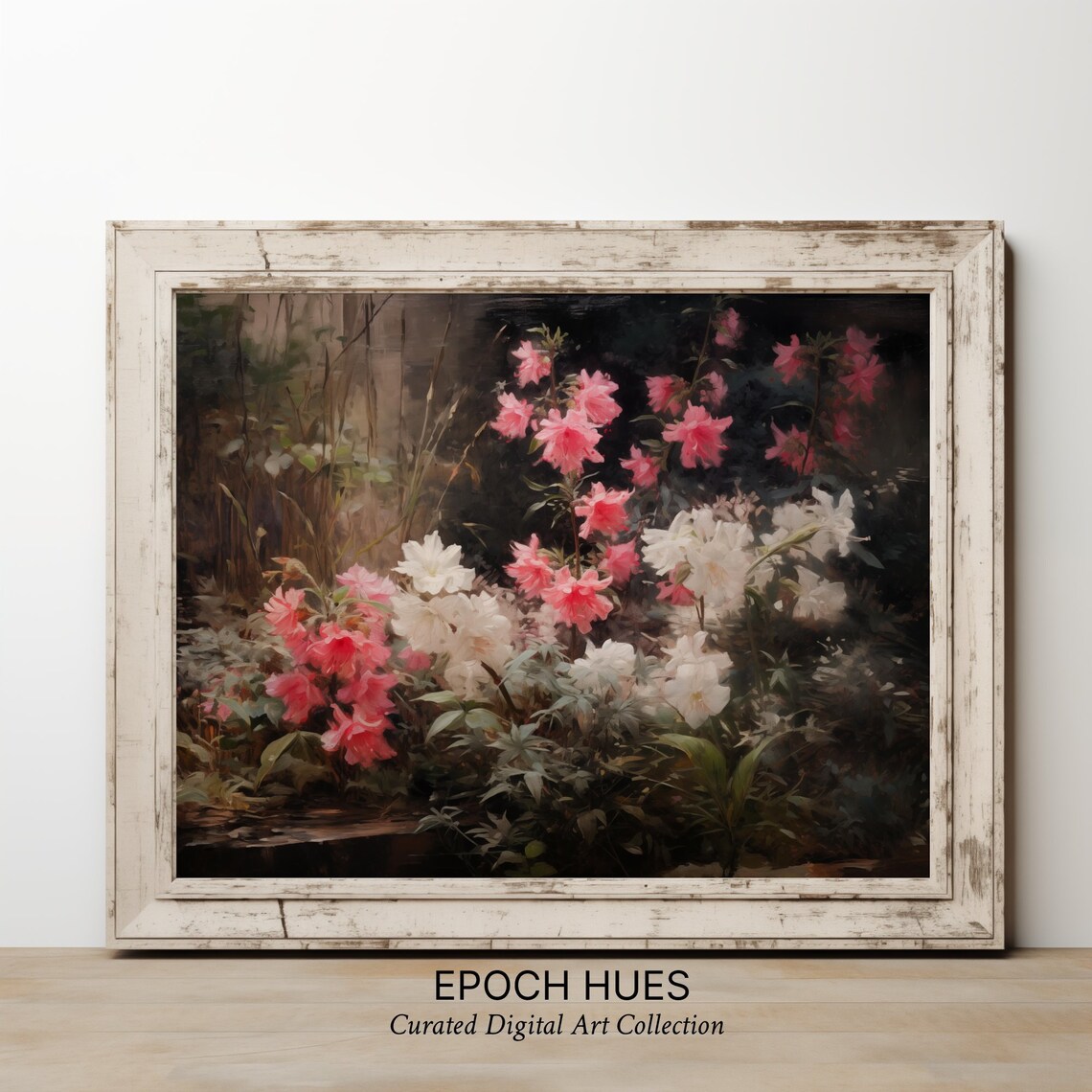 Pink and White Azalea Blooms in Dark Garden Floral Art Poster - Image 3