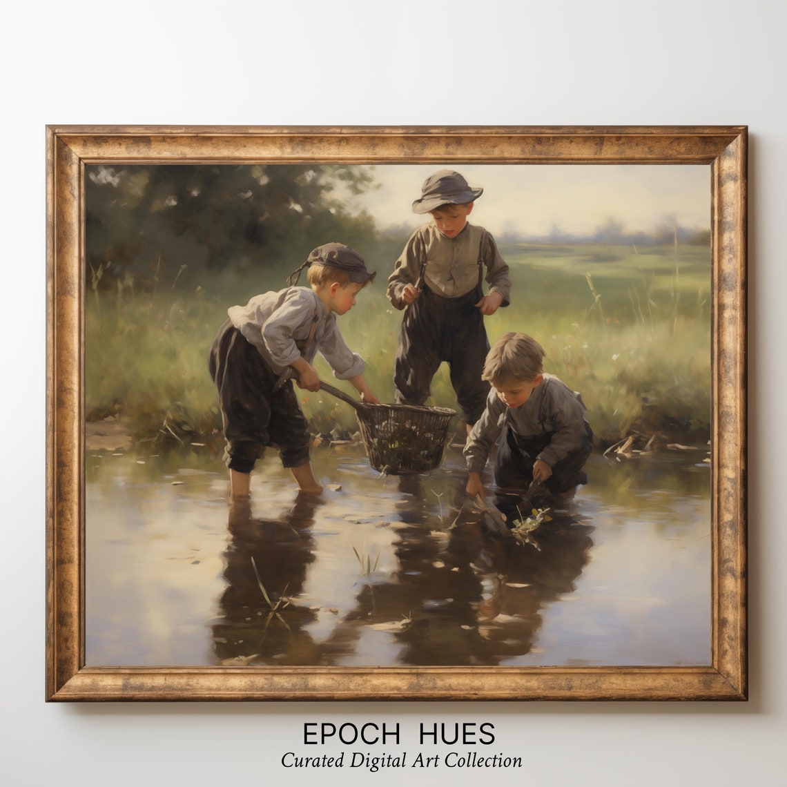 Three Boys Fishing With Net in Shallow Stream Nostalgic Art Poster - Image 3