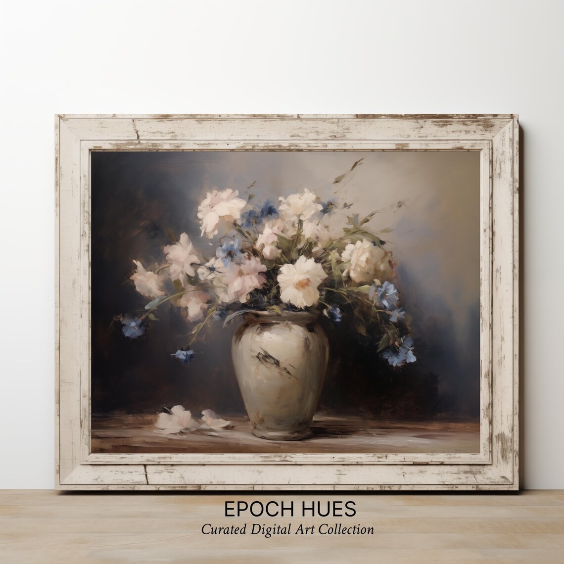 White And Blue Wildflowers Ceramic Vase Still Life Painting Poster - Image 2