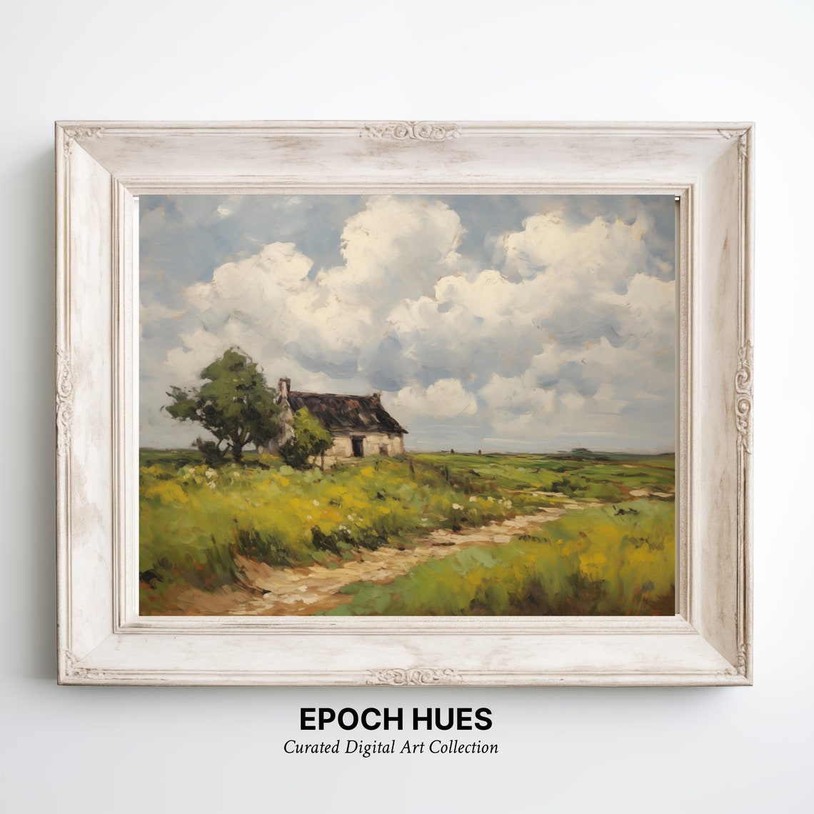 Rustic Cottage in Green Field Under Dramatic Cloud Sky Poster - Image 3