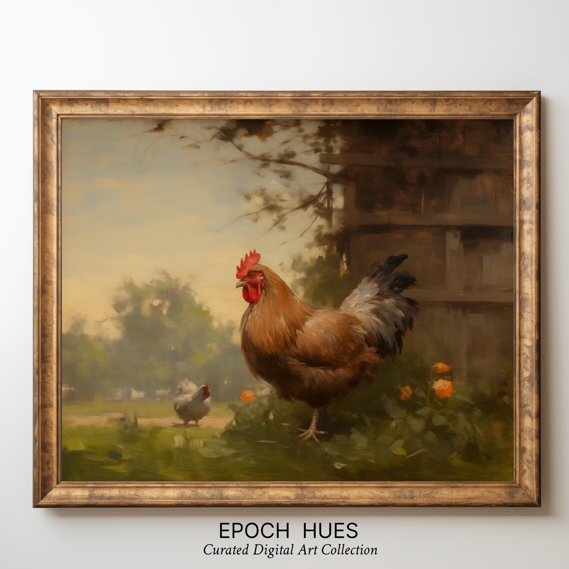 Proud Rooster With Hen in Farmyard at Sunrise Vintage Art Poster - Image 3