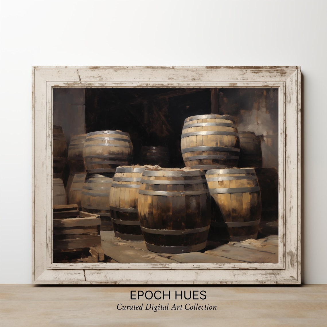 Stacked Oak Whiskey Barrels Aging in Dark Rustic Cellar Poster - Image 2