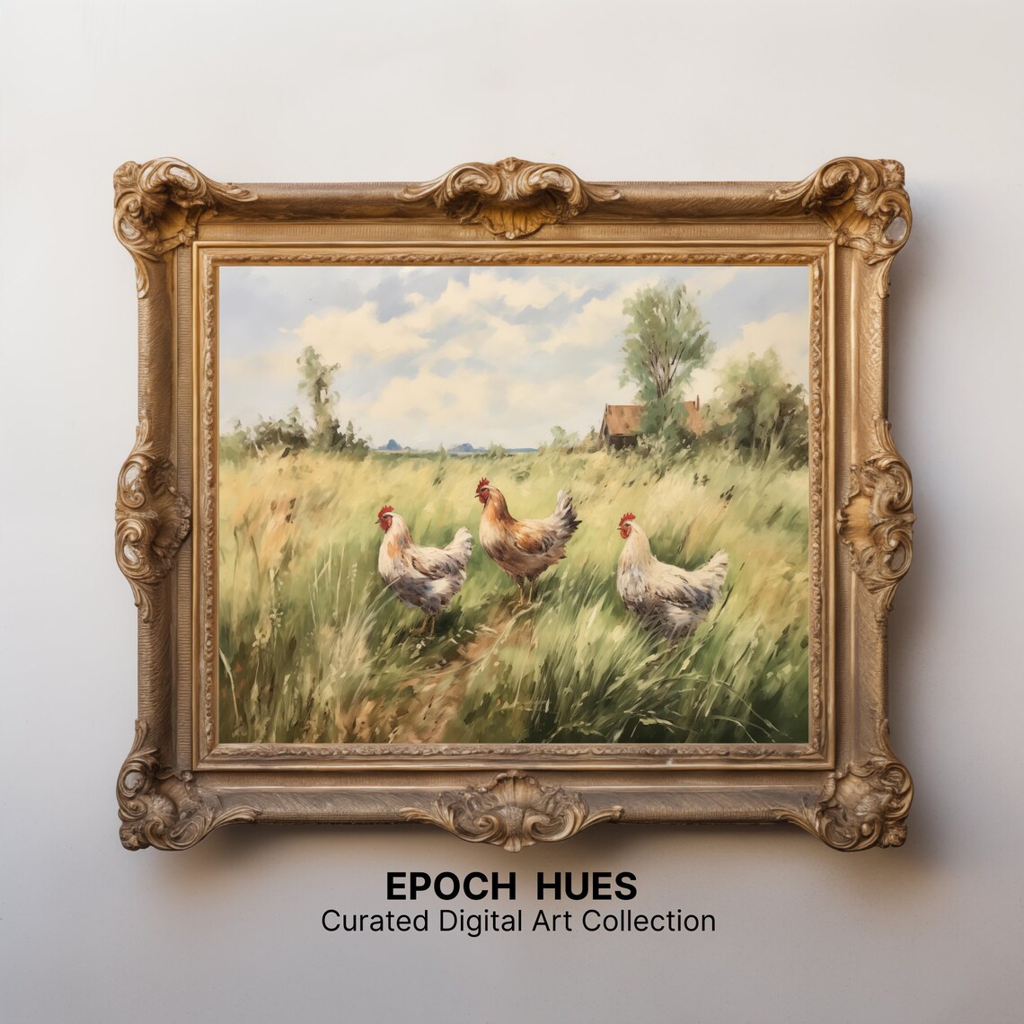 Three Hens in Tall Meadow Grass Country Farm Painting Poster - Image 2
