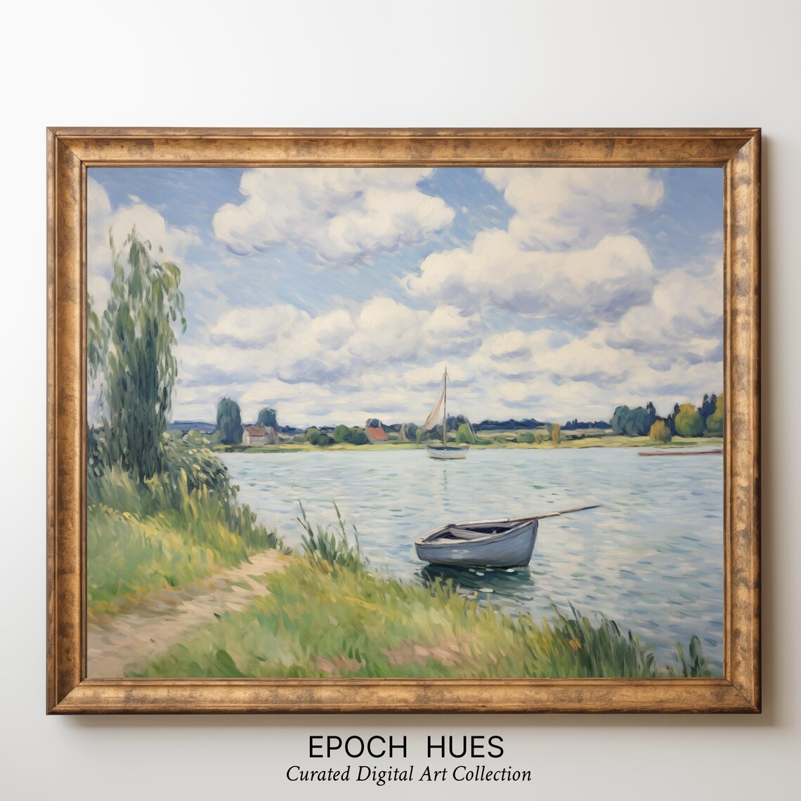 Impressionist Lake Sailboat Rowboat Willow Shore Morning Poster - Image 3