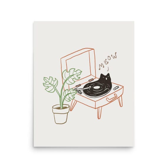 Black Cat on Vinyl Record Player Funny Meow Kitten Music Wall Art