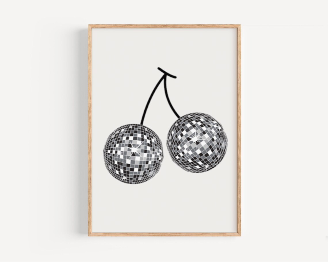 Silver Disco Ball Cherries Retro Party Fun Wall Decor Poster
