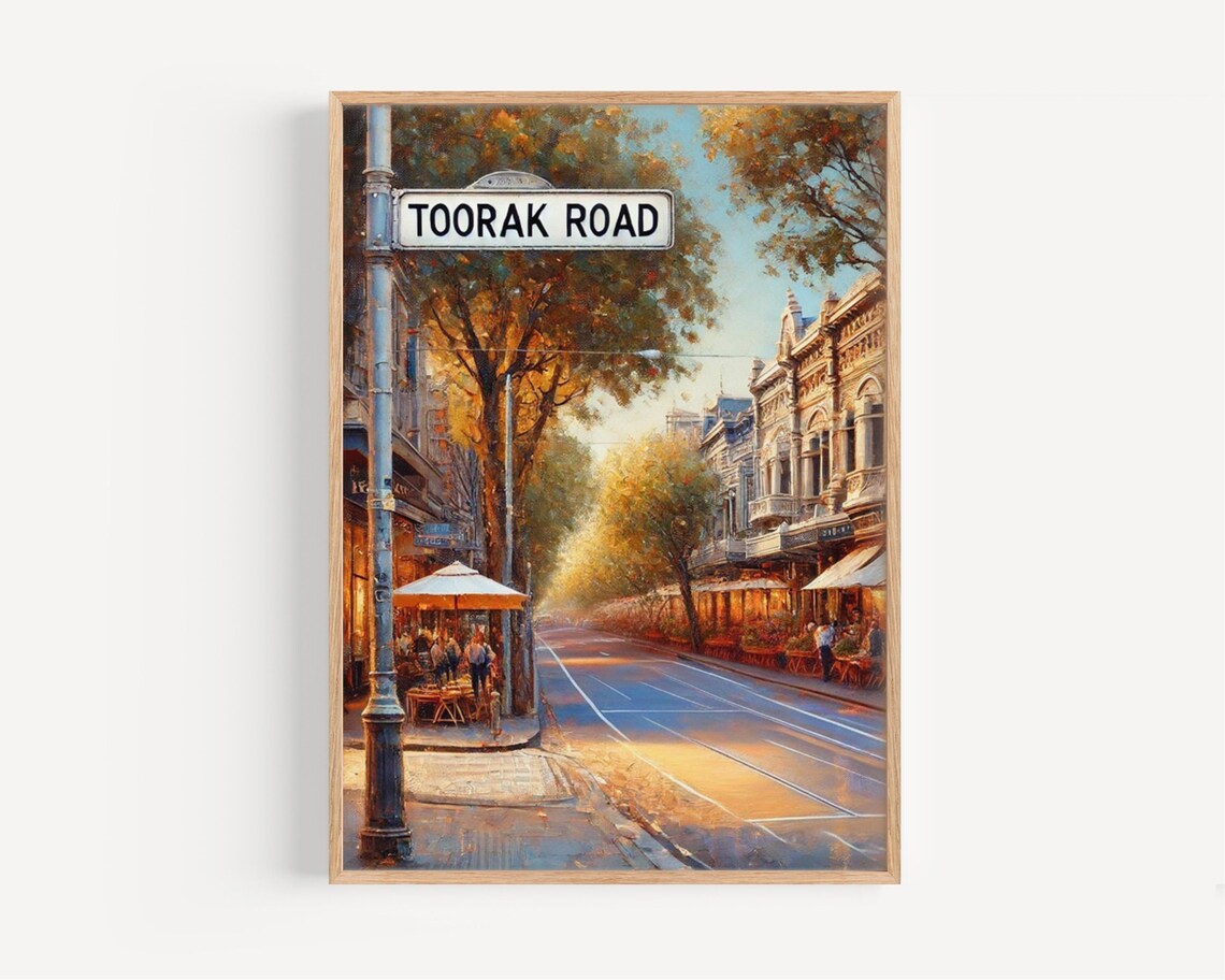 Melbourne Toorak Road Tram Lines Golden Hour Oil Painting Poster