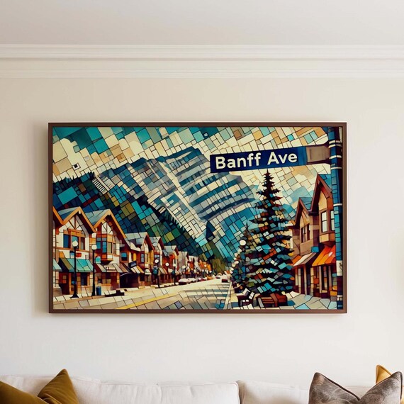 Banff Avenue Canada Mountain Town Mosaic Art Alpine Street Scene Poster