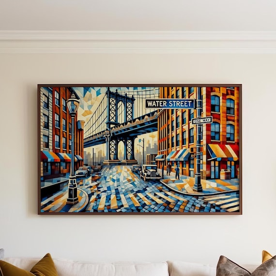 Water Street New York City Cubism Poster With Bridge Cobblestone Street Art