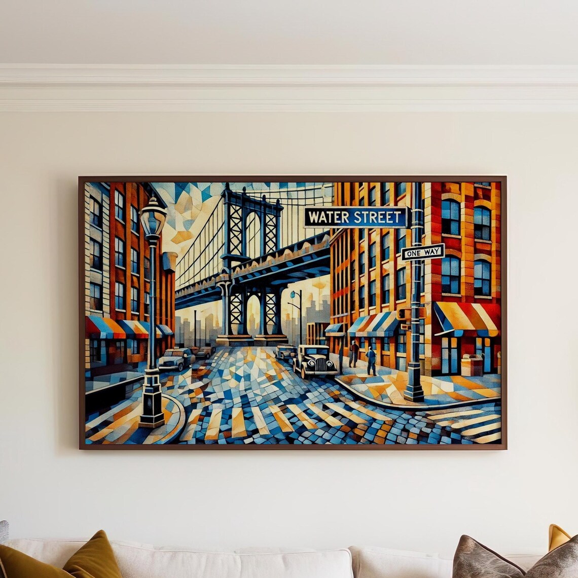 Water Street New York City Cubism Poster With Bridge Cobblestone Street Art