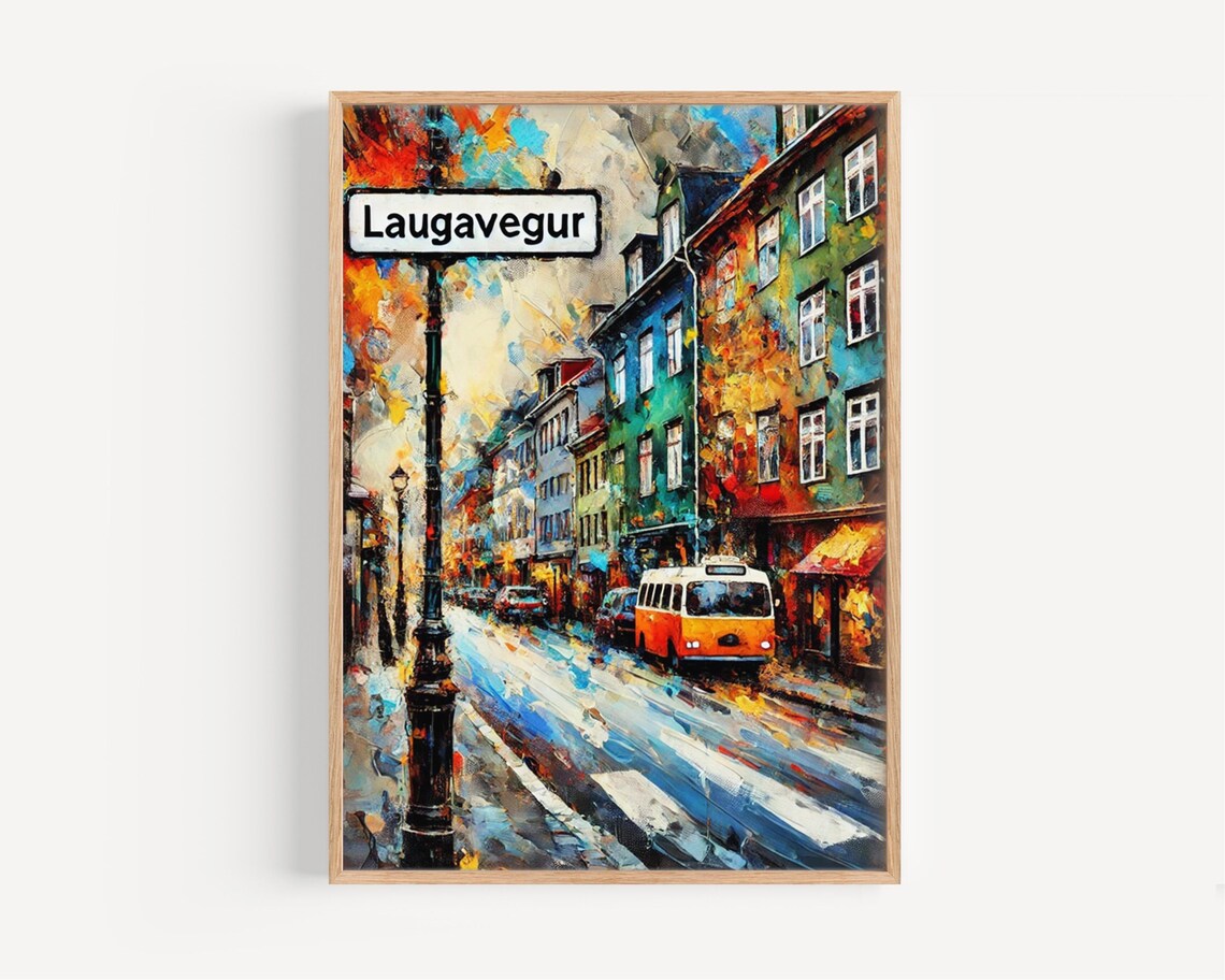 Laugavegur Reykjavik Iceland Orange Bus Street Oil Painting Poster