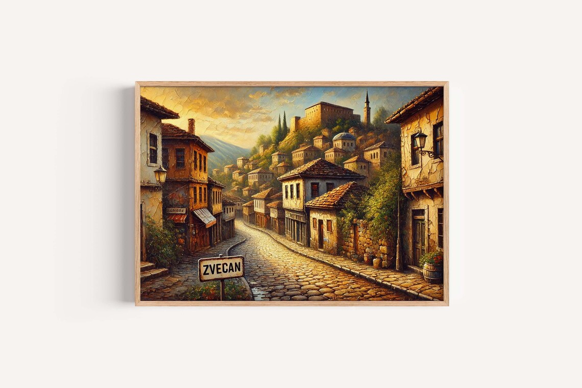 Zvecan Kosovo Old Town Street Painting Poster With Hilltop Fortress