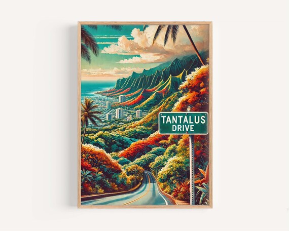 Tantalus Drive Honolulu Hawaii Tropical Road Vintage Art Poster