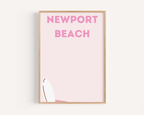 Newport Beach Pink Text Surfboard Minimalist Coastal Dorm Art Poster