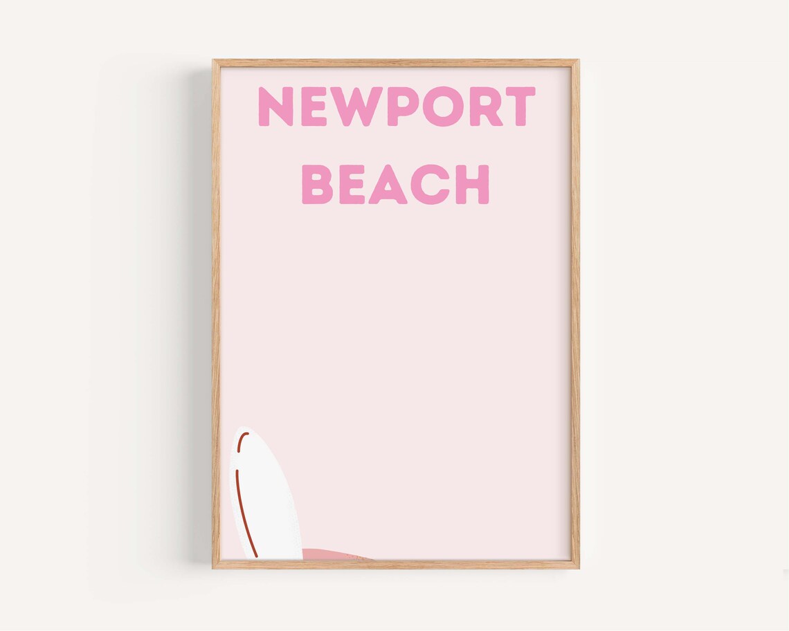 Newport Beach Pink Text Surfboard Minimalist Coastal Dorm Art Poster