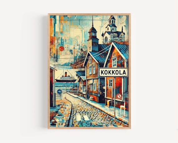 Kokkola Finland Cobblestone Harbor Street Colorful Painting Poster