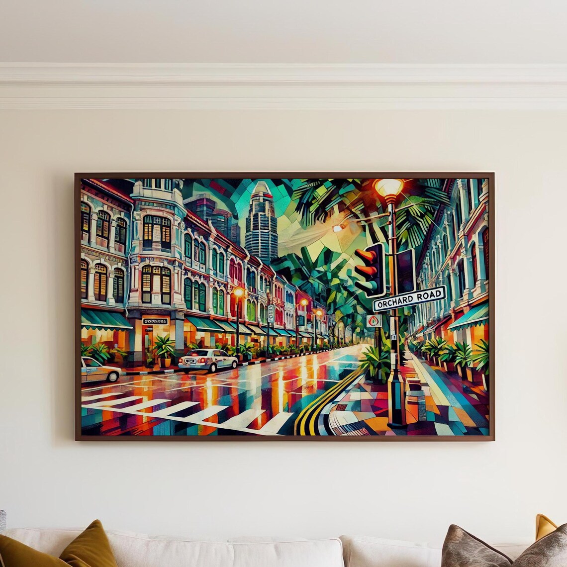Orchard Road Singapore Street Scene Neon Rain Painterly Poster