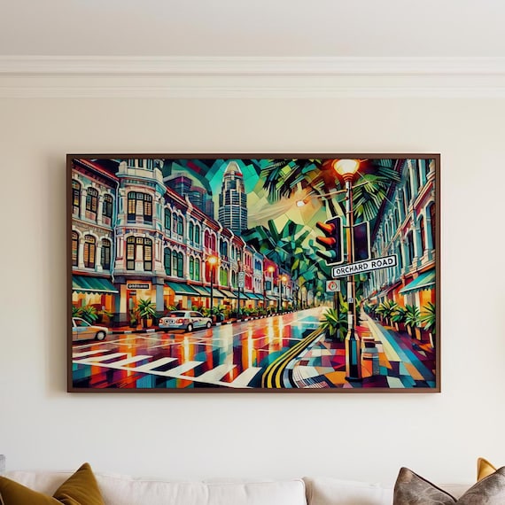 Orchard Road Singapore Street Scene Neon Rain Painterly Poster