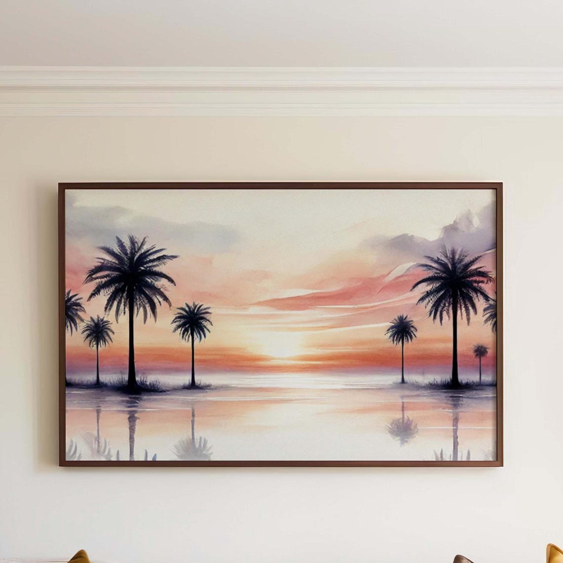 Sunset Palm Trees with Water Reflections Watercolor Art Print
