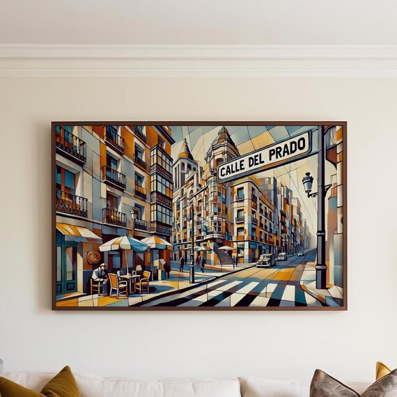 Calle Del Prado Madrid Cubist City Street Scene Spain Travel Poster