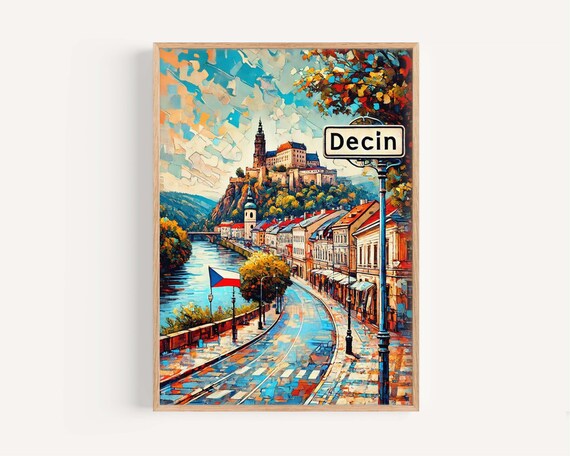 Decin Czech Republic River Castle Colorful Art Travel Poster