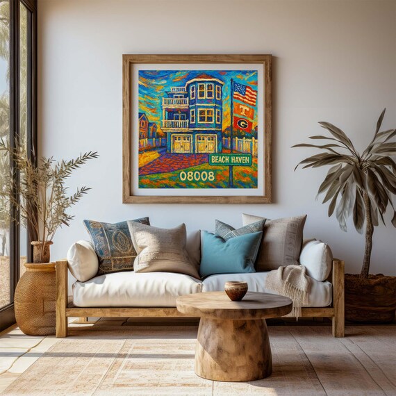 Beach Haven 08008 House American Flag Colorful Impressionist Home Poster