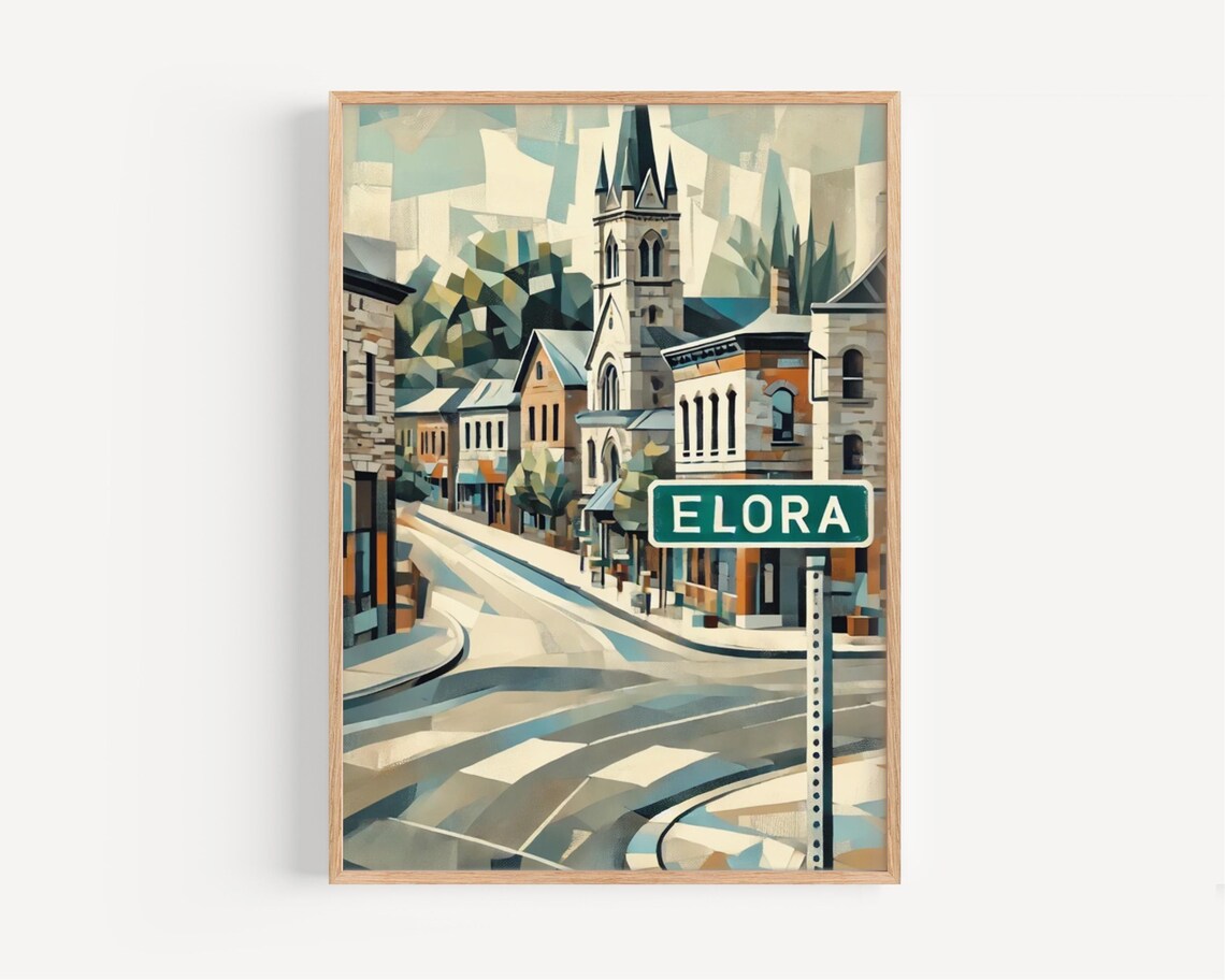 Elora Ontario Vintage Geometric Town Street Scene Travel Poster