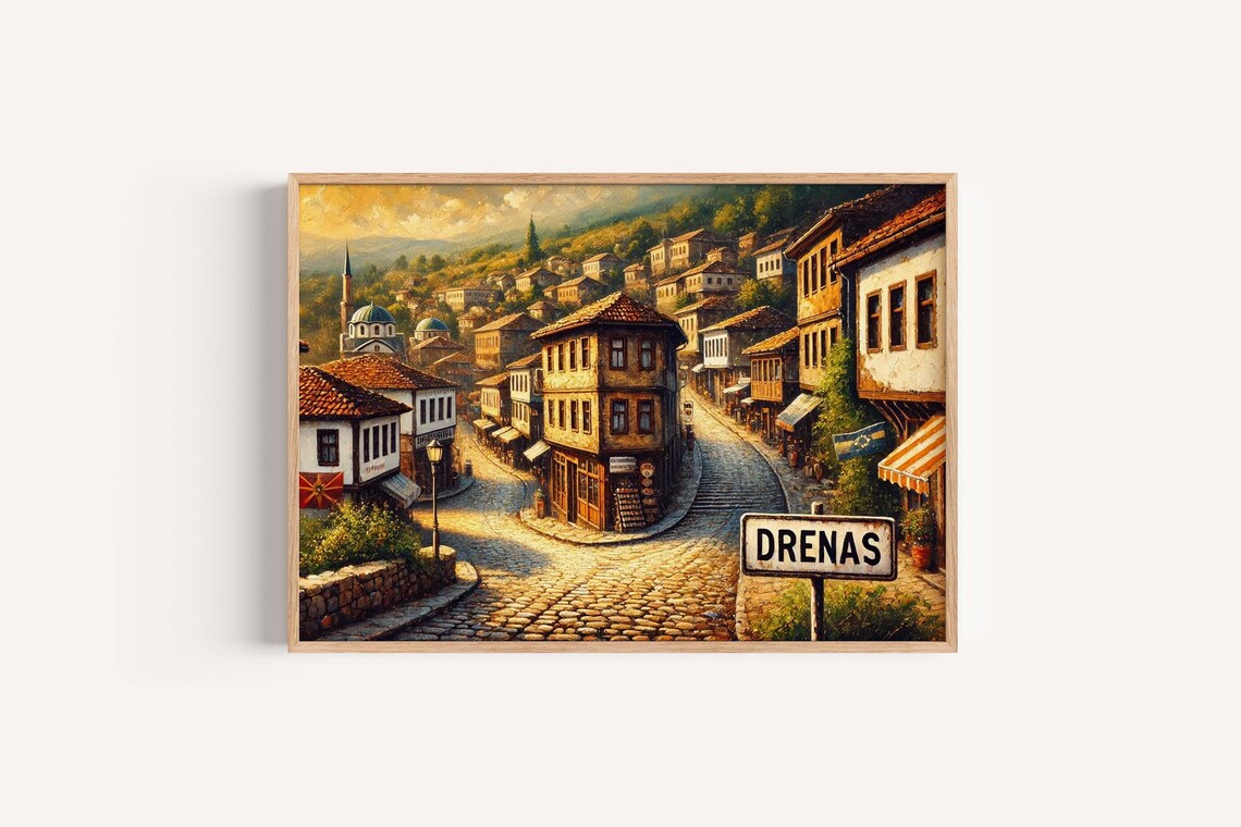 Drenas Old Town Cobbled Street Sunset Painting Kosovo Heritage Art Poster