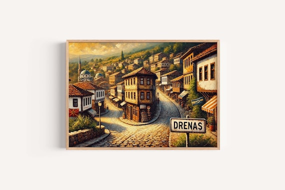 Drenas Old Town Cobbled Street Sunset Painting Kosovo Heritage Art Poster