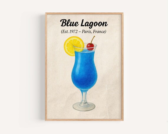 Blue Lagoon Paris France Vintage Cocktail Watercolor Bar Poster