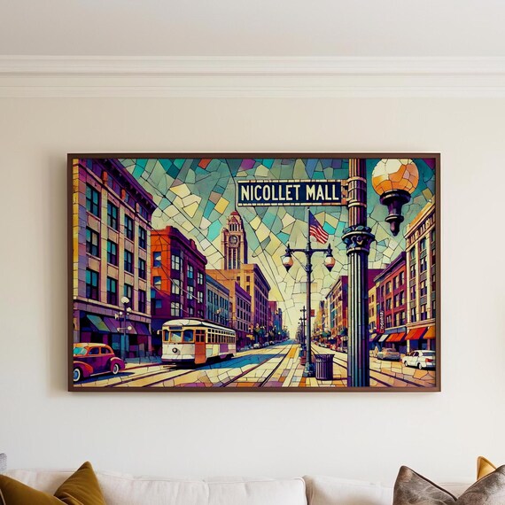 Nicollet Mall Minneapolis Vintage Trolley Mosaic Street Poster