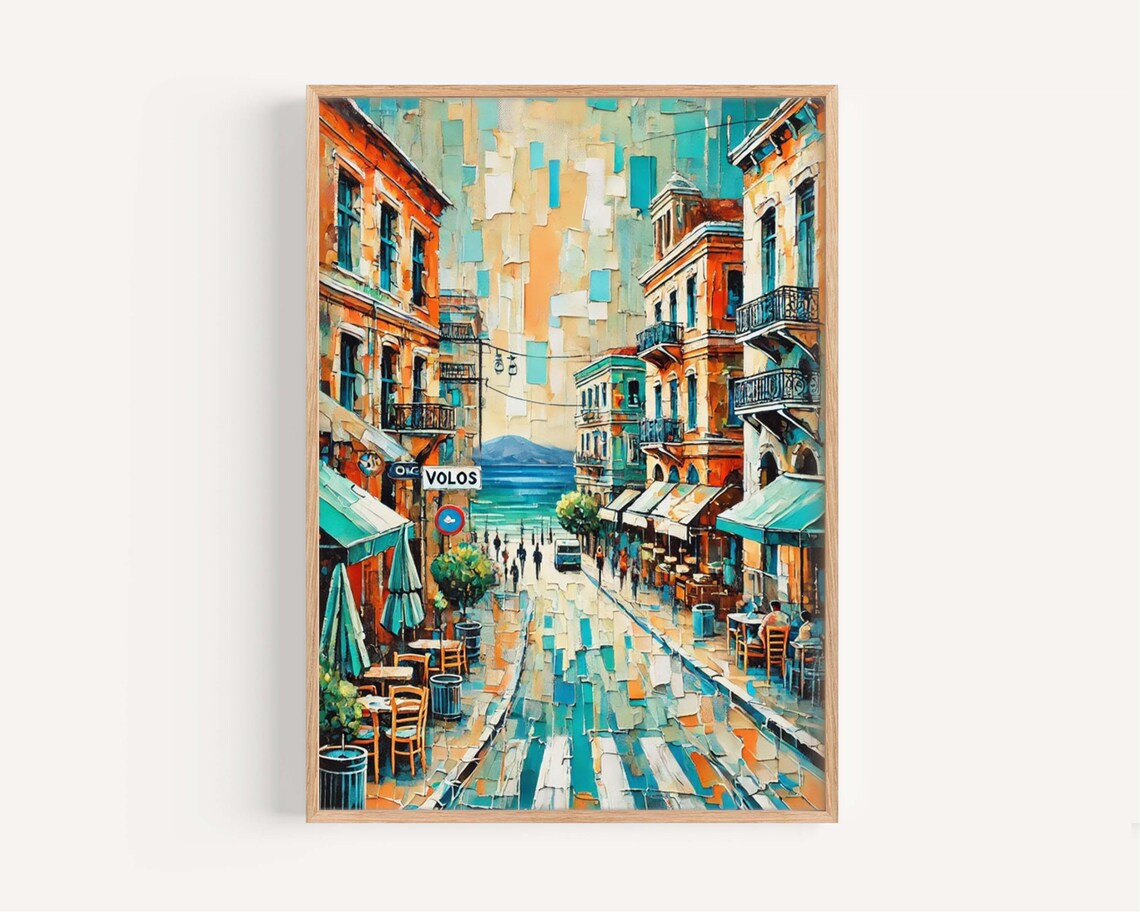 Volos Greece Coastal Street Cafes Seaside Impressionist Painting Poster