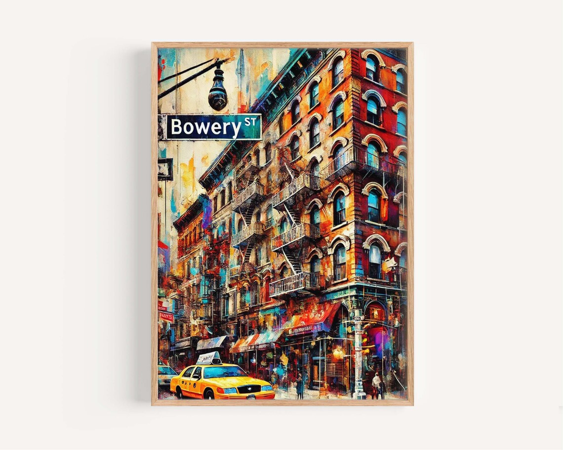 Bowery Street New York City Tenements Taxi Colorful City Poster