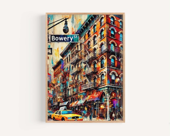 Bowery Street New York City Tenements Taxi Colorful City Poster