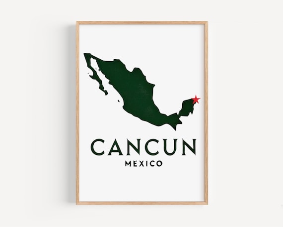 Cancun Mexico Dark Green Map With Red Star on Yucatan Poster