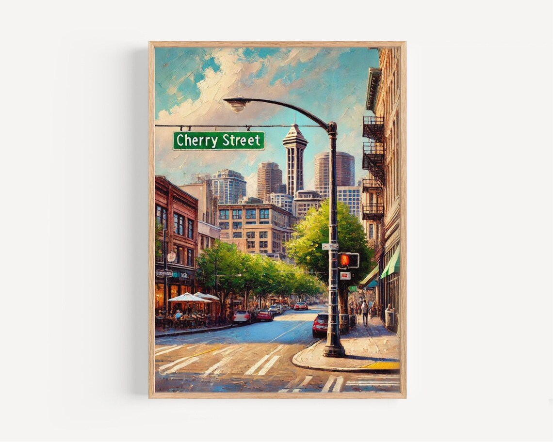 Cherry Street Seattle Cityscape Smith Tower Vibrant Street Sign Art Poster
